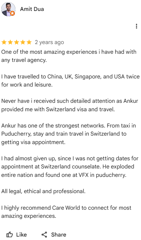 feedback by Mr. Amit Dua on assistance received in his Schengen Visa